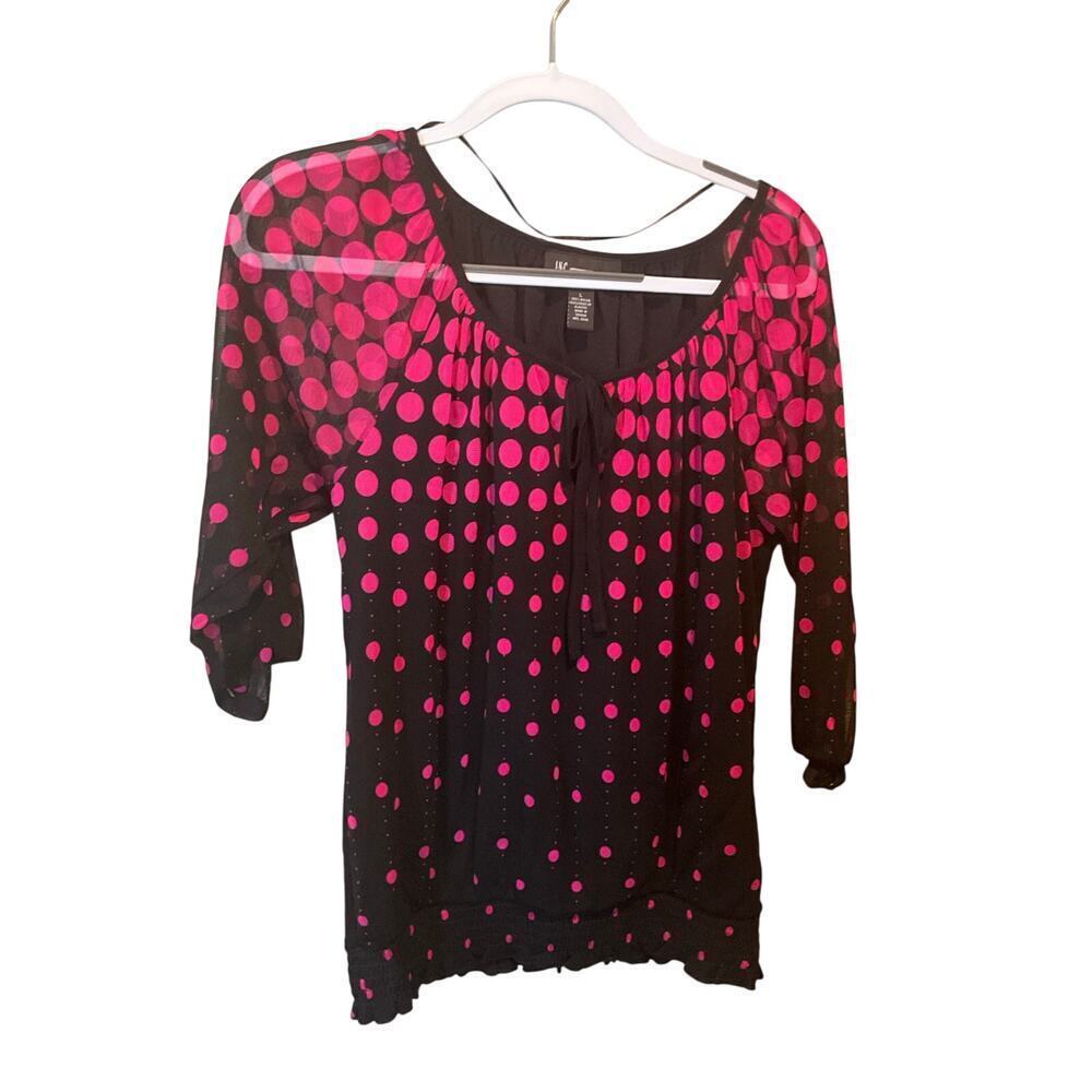 INC International Concepts Polka‎ Dot Blouse 3/4 Sleeve Pink Black Womens Large